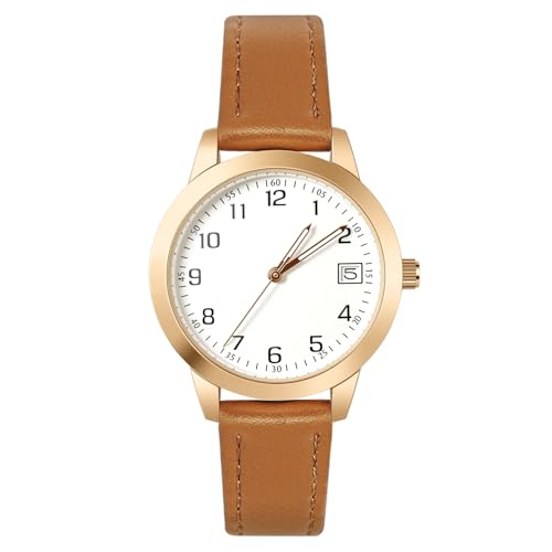 OFFCUP Damenuhr Damen Leder, Analog Quarz Uhr mit Datum, Uhren Damen Einfache Business Klassische Armbanduhr Lederarmband, 3 Zeiger Elegante Armbanduhr für den Alltag, Braun