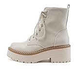 Soda FLING Women Chunky Lug Sole Lace up Fashion Combat Ankle Boot w/Side Zipper (OFF WHITE PU, numeric_8)