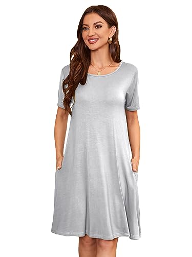 Image of Women's Summer Dresses 2026 Casual T Shirt Dress Short Sleeve Loose Flowy Sundress Swing Tunic Dress with Pockets Light Grey