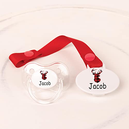 Personalized Pacifier and Ribbon Pacifier Clip, Buffalo Plaid Reindeer, Baby's First Christmas, Custom Pacifier and Clip with Name. 0-6 Months, 6-18 Months, Farmhouse Deer