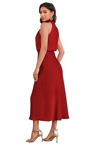 Image of Women's Satin Maxi Dress Summer Formal Wedding Guest Cocktail Dress | Mock Neck Sleeveless,Elegant Silk Midi Long Dress,High Neck,Halter,Aline,Bridesmaid,Bridal Shower Guest,Garden Party,Dinner