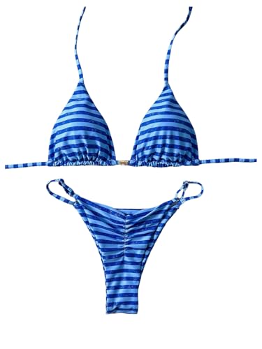 Women's 2 Piece Bikini Set Striped Halter Triangle Cheeky Thong Swimsuits High Cut Bathing Suit
