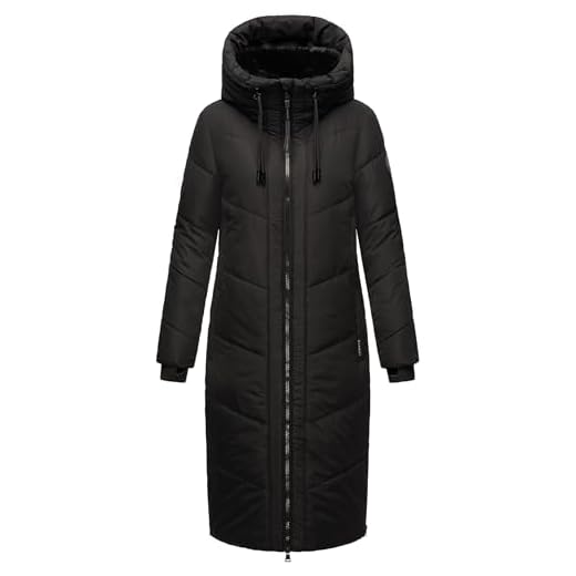 MARIKOO Damen Wintermantel Warmer Steppmantel lang mit Kapuze und abnehmbarem Kunstfellkragen Nadaree XVI Black Gr. L