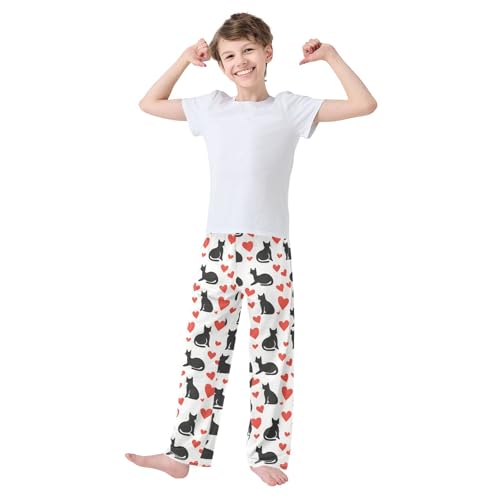 Simple Black Cats Red Hearts Pajama Pants Lounge Sleep Pants Elastic Waist Long Pajama Bottoms with Pockets for 6-14 Years3