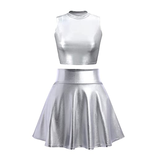 IMEKIS Damen Alien Kostüm Rave Outfit Karneval Glänzendes Metallisch Crop Top mit Minirock 2tlg Disco Tanz Clubwear Halloween Facshing Mottoparty...