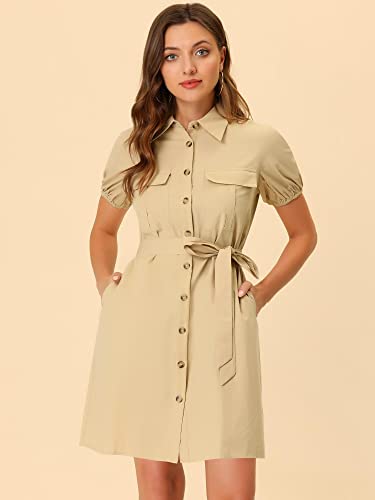 Image of Allegra K Women's Safari Dress Collared Short Sleeve Cotton Belted Button Down Shirt Dresses