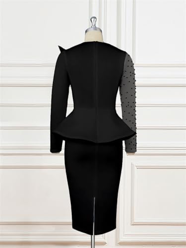 Women's Elegant Mesh Long Sleeve Office Work Dress Fashion Solid Color Ruffled High Waist Bodycon Midi Pencil Dress3