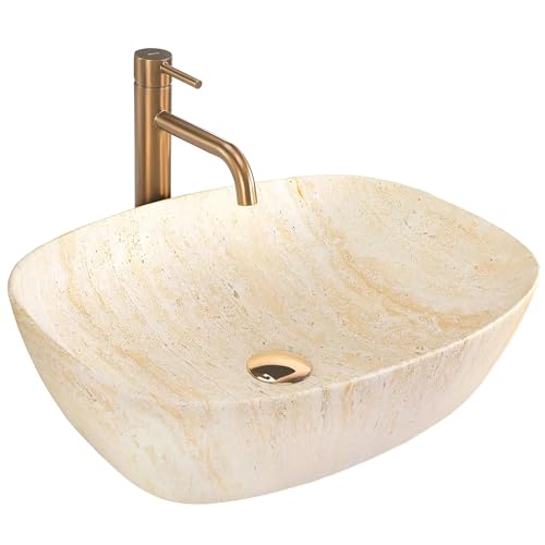 Rea Freja Travertine Oval Vasque à poser en céramique Beige Matt, Élégance intemporelle pour salle de bain moderne - 51X39,5X14CM