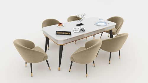 Image of WOODEN SPACE 6-Seater Wooden Dining Table Set | Nano Composite Marble Top | Solid Wood Base | Modern Dining Room Furniture with 6 Chairs (Cream)