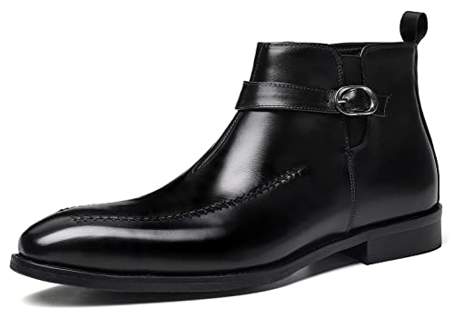 Santimon Men's Chelsea Ankle Dress Leather Buckle Strap Monk Boots Black Brown2