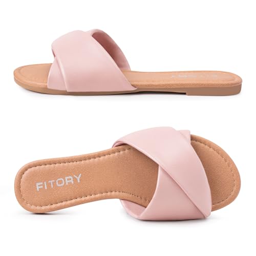 Image of FITORY Women's Flat Sandals Fashion Slides With Soft Leather Slippers for Summer Size 6-11