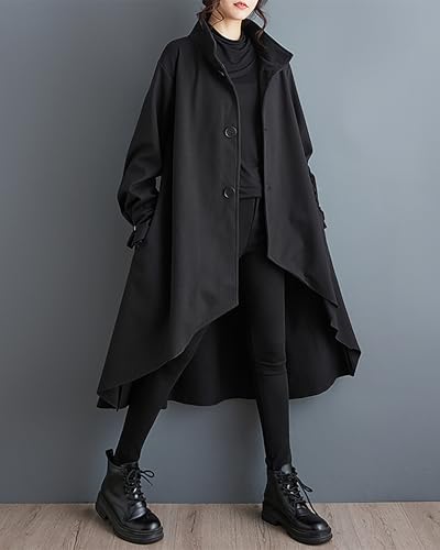 ellazhu Women's Coat High Neck Button Down Long Sleeve High Low Flowy Hem Solid Loose GZ294 A2