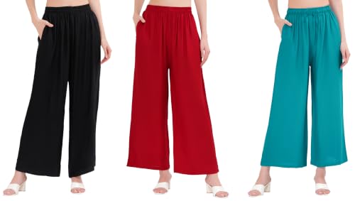 Image of Buy That Trendz Palazzo Pants for Women Rayon Elasticated Regular Fit Flared Wide Leg M to 6XL Pack of 3
