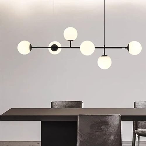 Suspension linéaire noire 6 lampes en verre de lait pour îlot de cuisine moderne