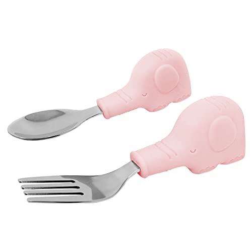Image of Tiny Twinkle Easy Grip Toddler Utensils Spoon and Fork Set - BPA & Phthalate Free Utensil Sets, Kids Silverware With Silicone Handle, Baby Led Weaning Supplies for 12 Months & Up (Pink Elephant)