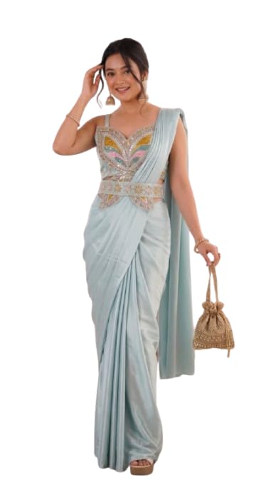 infabzon Ready to Wear Indo Western Saree Crep Silk Fabric With Multicolor Embrodery Sequance Work Bollywood Style-image-22