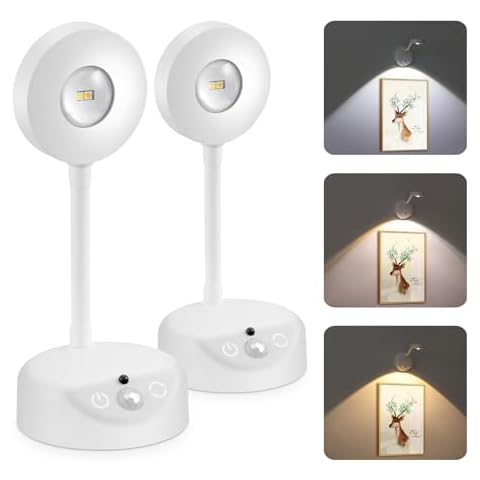 LINEWAY Motion Sensor Picture Light with Remote, Battery Operated Spotlight Rechargeable Battery Painting Light Wall Sconce, 3 Colors Stick on Display Accent Lighting for Art Painting Shelves（2Pack） Cover