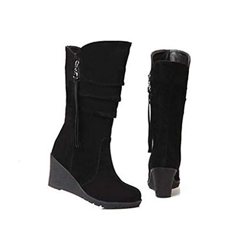 MIOKE Women's Wedge Slouch Mid Calf Boots Suede Round Toe Wide Width Platform High Heel Tassel Dress Boots2