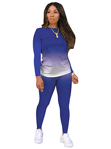 Tie Dye Women 2 Piece Outfits for Women Sexy Bodycon Outfits Plus Size Tracksuits Crewneck Long Sleeve T Shirts Pant Set Blue 2XL