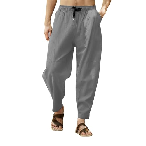 Zeiyignr Mens Linen Cotton Pants Casual Loose Fit Lightweight Elastic Waist Drawstring Beach Yoga Lounge Trousers for Men