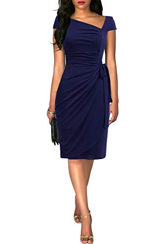 Image of Women's Vintage Cap Sleeves Asymmetrical Neckline Sheath Bodycon Casual Work Cocktail Party Pencil Faux Wrap Dresses