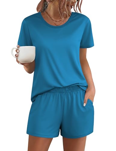 Image of Ekouaer Women's Pajama Sets Short Sleeve Pjs 2 Piece Top and Shorts Sleepwear Comfy Soft Lounge Sets with Pockets
