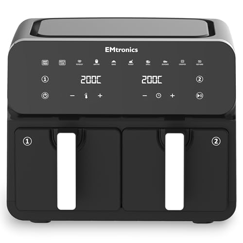 EMtronics 8L Dual Zone Air Fryer 2500W Family Size, 8 Preset Cooking Mode, Match Cook & Smart Finish Functions, 8 Litre - Black
