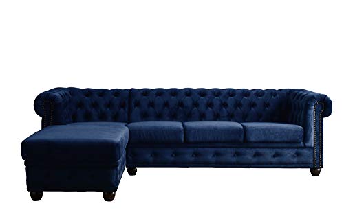 Lisa Design - Canapé Chesterfield d'angle Gauche - William en Velours - Sofa Bleu Nuit 4 Places - Salon Chesterfield