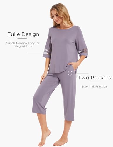 Image of GYS Bamboo Viscose Capri Pajamas for Women Set Cooling 3 /4 Sleeve Pjs