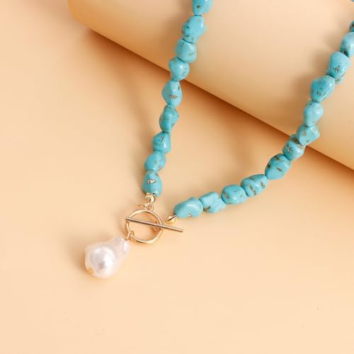 Chunky Turquoise Beaded Necklace for Women Blue Bead Baroque Pearl Pendant Necklace Colorful Beaded Choker Necklace Gold Toggle Natural Stone Jewelry Accessories4