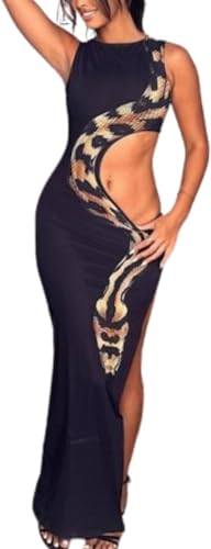 Vestidos sexys con Estampado de Serpiente recortados a la Moda hacia adelante Vestidos con Dobladillo sin Mangas para Fiesta (Negro,L)