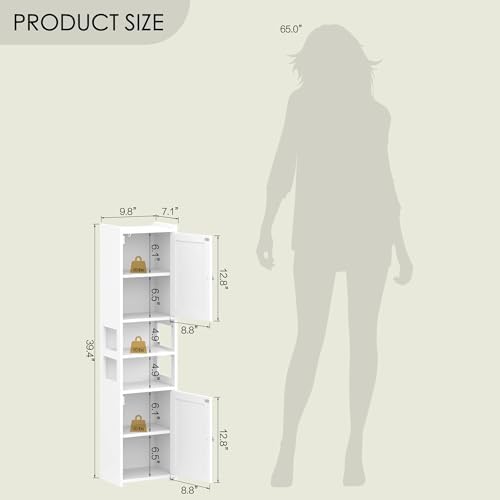 39" Small Bathroom Storage Cabinet, Narrow Corner Floor Cabinet with Doors & Adjustable Shelf, Slim Skinny Design for Bathroom, Kitchen, Living Room (White) - 2