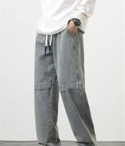 Men Vintage Washed Jeans Cotton Wide Leg Denim Pants Elastic Waist Casual Straight Trousers2