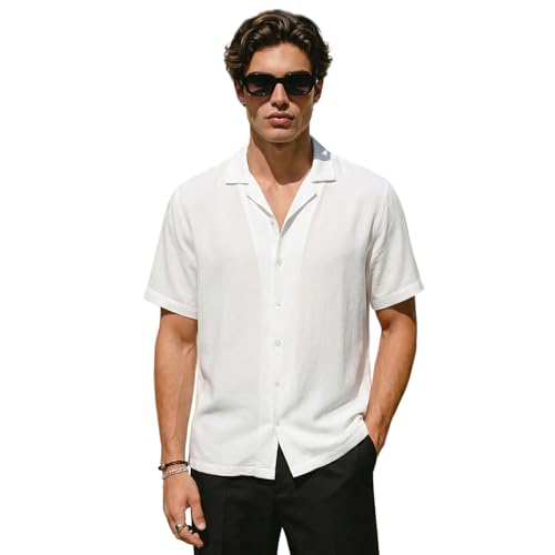 Image of Urbano Fashion Men's Cotton Half Sleeve Relaxed Fit Textured Shirt with Cuban Collar