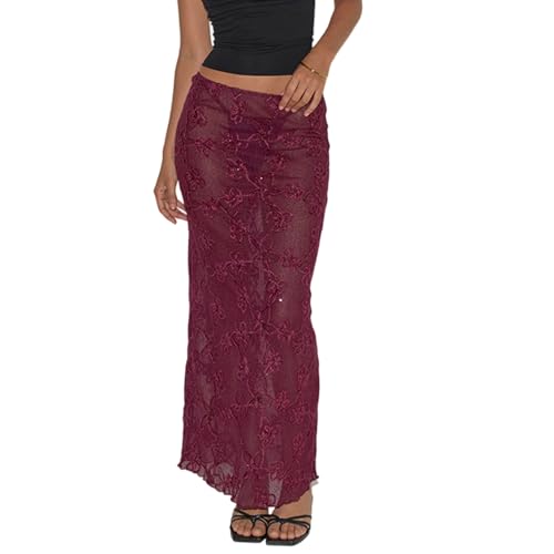Women's Lace Long Skirt Stylish Solid Lace Floral Sheer Low Rise Skirt for Daily Life Party & Bar