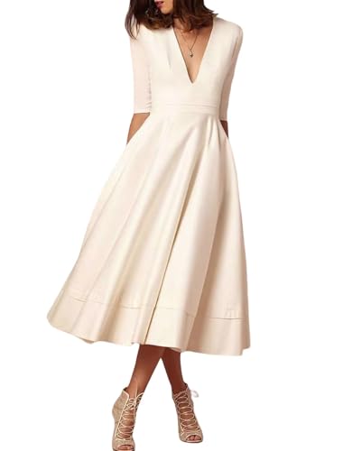 Women's Tea Length Wedding Dresses for Bride Satin Simple A Line Midi Formal Bridal Dress with Sleeves