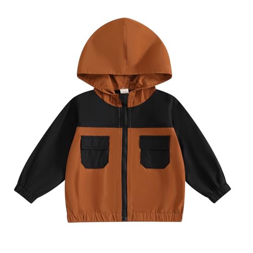 Amnnchya Toddler Baby Boy Fall Winter Jacket Kids Lightweight Windbreaker Outerwear Color Block Hooded Sweatshirt Coat (Brown, 18-24 Months)