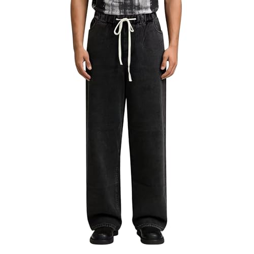 Jean en coton stretch à taille cordon ajustable et coupe droite