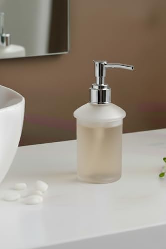 Image of Premium Frosted Glass Soap Dispenser with Stainless Steel Pump | Refillable Liquid Soap, Hand Wash, Shampoo & Sanitizer Bottle for Bathroom & Kitchen Sink | Modern Square Design (Round AT-10)