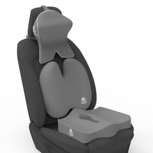 Image of MRRON Memory Foam Posture Corrector Car Seat Cushions Combo | Orthopedic Backrest, Coccyx Cushion & Neckrest | Ergonomic Lumbar Comfort Seat Cushion | Reduces Sciatica (Grey, Backpro)