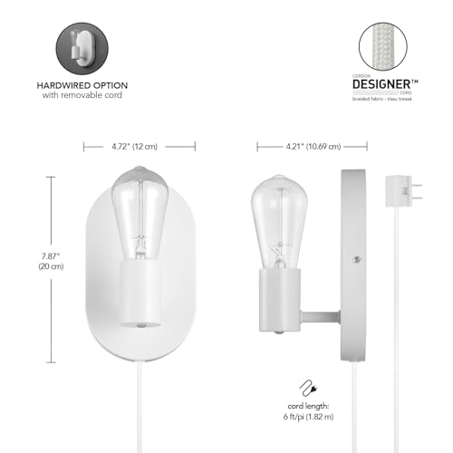 Image of Globe Electric 65000134 1-Light Plug-in or Hardwire Wall Sconce, Matte White, 6ft White Fabric Covered Cord, Inline On /Off Rocker Switch, Bedroom, Living Room, Mounted Lamp