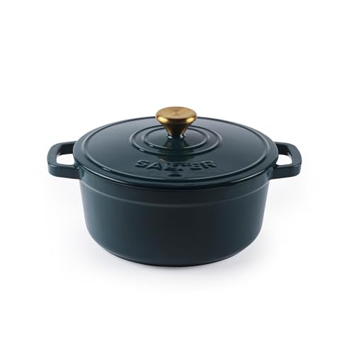 Salter Chester Olla de Cazuela de Hierro Fundido – Verde, 24CM, Tapa Auto-Rociadora, Horno Holandés, Cocina de Placa a Horno, Adecuada para Todo Tipo de Placas Incluida Inducción, 3.4L, Libre de PFAS