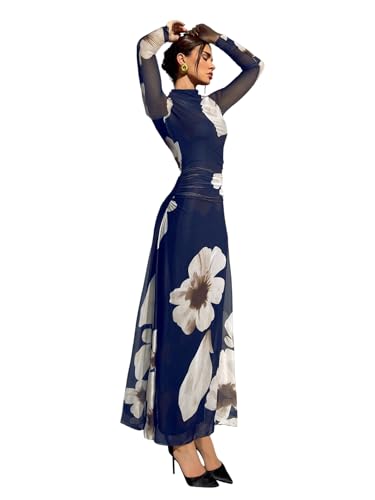 Image of Verdusa Women's Floral Wedding Guest Dress Long Sleeve Mesh Slimming Cocktail Vacation Maxi Dresses