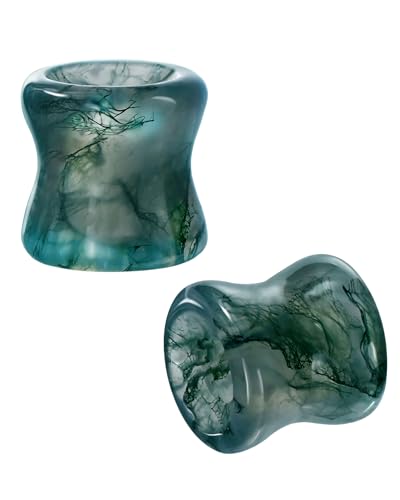 Jewseen 2g-5/8 Moss Agate Ear Gauges Plugs Real Natural Stone Double Flared Ear Tunnels Stretchers Gauges for Women Men Plugs Piercing Jewelry 0g