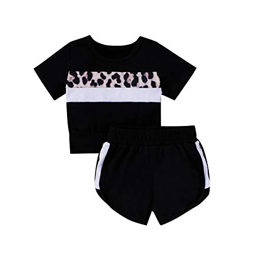 Newborn Baby Summer Outfits Short Sleeve Leopard Print Patchwork T-Shirt Top Shorts Toddler Baby Clothes Set (Black, 9-12 Months)