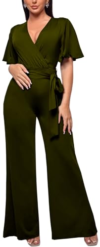 Image of PaladMom Womens Elegant Plus Size Jumpsuits Sexy Back zipper Short Sleeve Mid Waist Wide Leg Straight Rompers