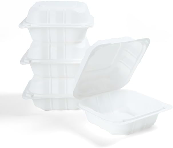 Plastic Clamshell Container - Disposable Takeout Container [1-Compartment, 6x6x3, 250-Pack] Hinged Lid, Microwave Safe, Recyclable