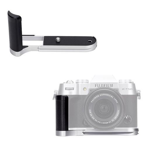 JJC Solid Metal Hand Grip L-Shape Handle for Fuji Fujifilm X-T50 XT50 Camera, Anti-Slip Microfiber Pads, Arca Swiss Quick Release Base, Must Have Fujifilm XT50 Accessories, Silver