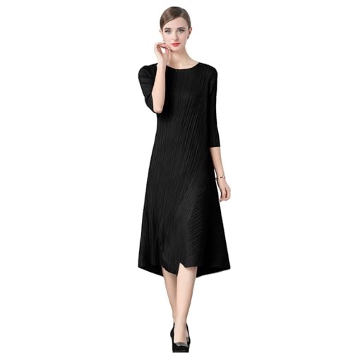 Robe trapèze plissée irrégulière manches longues au tombé impeccable