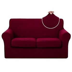 U-NICE HOME 3 Pieces Stretch Loveseat Couch Cover Sofa Cover Washable Sofa Slipcover with Individual Seat Cushion for 2 Cushion Couch Sofa Pet Friendly(Loveseat, Burgundy)